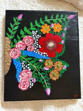 Hand-Painted Floral Canvas Art - Red & Multicolor Bouquet